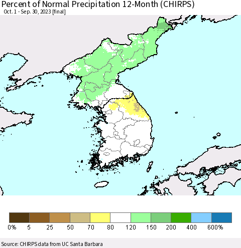 Korea Percent of Normal Precipitation 12-Month (CHIRPS) Thematic Map For 10/1/2022 - 9/30/2023