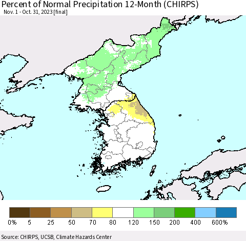 Korea Percent of Normal Precipitation 12-Month (CHIRPS) Thematic Map For 11/1/2022 - 10/31/2023
