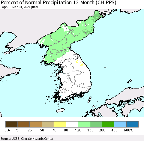 Korea Percent of Normal Precipitation 12-Month (CHIRPS) Thematic Map For 4/1/2023 - 3/31/2024