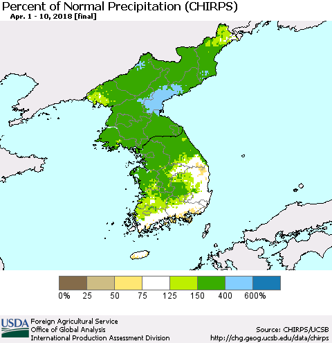 Korea Percent of Normal Precipitation (CHIRPS) Thematic Map For 4/1/2018 - 4/10/2018