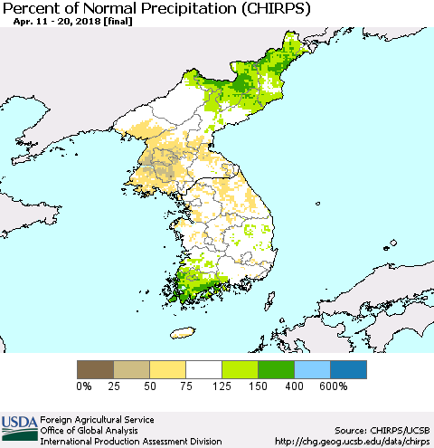 Korea Percent of Normal Precipitation (CHIRPS) Thematic Map For 4/11/2018 - 4/20/2018