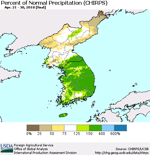Korea Percent of Normal Precipitation (CHIRPS) Thematic Map For 4/21/2018 - 4/30/2018