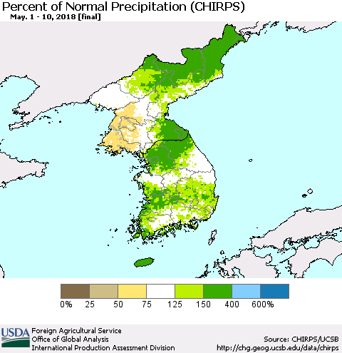 Korea Percent of Normal Precipitation (CHIRPS) Thematic Map For 5/1/2018 - 5/10/2018