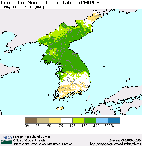Korea Percent of Normal Precipitation (CHIRPS) Thematic Map For 5/11/2018 - 5/20/2018