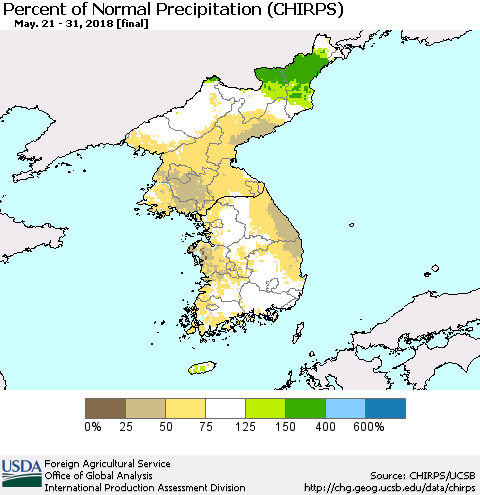 Korea Percent of Normal Precipitation (CHIRPS) Thematic Map For 5/21/2018 - 5/31/2018