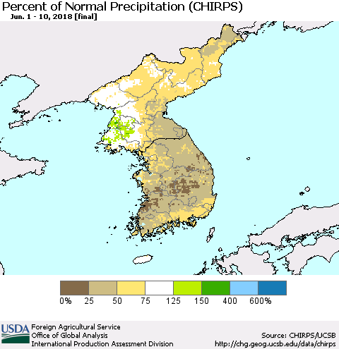 Korea Percent of Normal Precipitation (CHIRPS) Thematic Map For 6/1/2018 - 6/10/2018