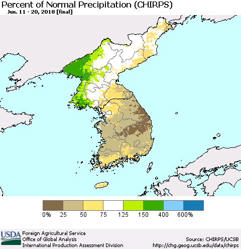 Korea Percent of Normal Precipitation (CHIRPS) Thematic Map For 6/11/2018 - 6/20/2018