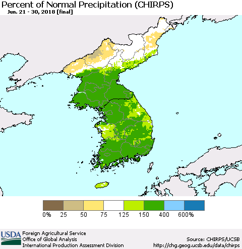Korea Percent of Normal Precipitation (CHIRPS) Thematic Map For 6/21/2018 - 6/30/2018