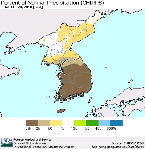 Korea Percent of Normal Precipitation (CHIRPS) Thematic Map For 7/11/2018 - 7/20/2018