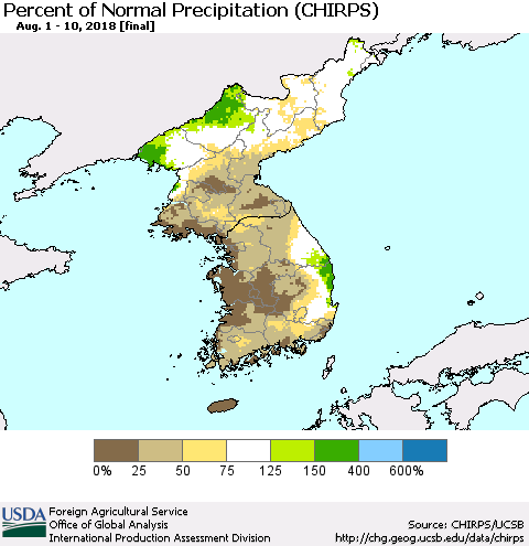 Korea Percent of Normal Precipitation (CHIRPS) Thematic Map For 8/1/2018 - 8/10/2018
