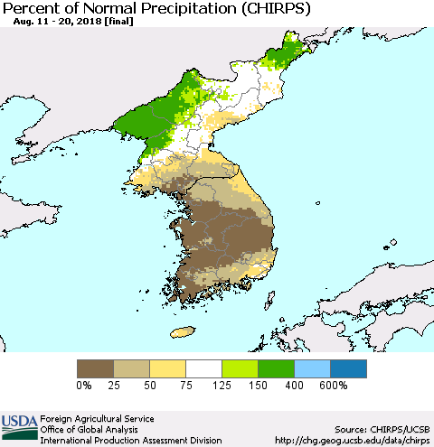 Korea Percent of Normal Precipitation (CHIRPS) Thematic Map For 8/11/2018 - 8/20/2018