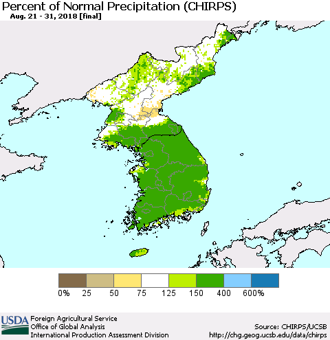 Korea Percent of Normal Precipitation (CHIRPS) Thematic Map For 8/21/2018 - 8/31/2018