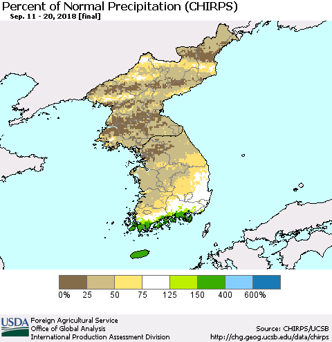 Korea Percent of Normal Precipitation (CHIRPS) Thematic Map For 9/11/2018 - 9/20/2018