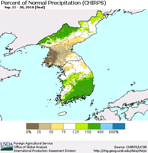Korea Percent of Normal Precipitation (CHIRPS) Thematic Map For 9/21/2018 - 9/30/2018