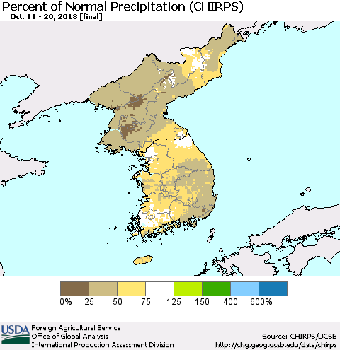 Korea Percent of Normal Precipitation (CHIRPS) Thematic Map For 10/11/2018 - 10/20/2018