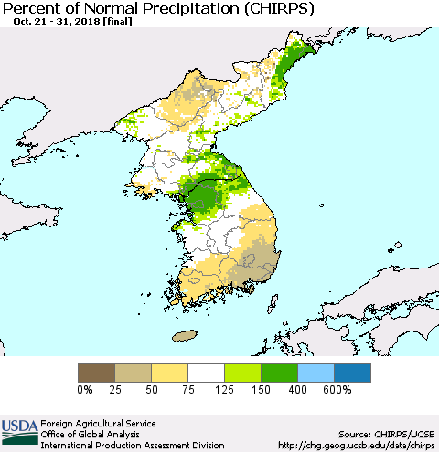 Korea Percent of Normal Precipitation (CHIRPS) Thematic Map For 10/21/2018 - 10/31/2018