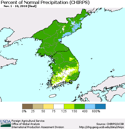 Korea Percent of Normal Precipitation (CHIRPS) Thematic Map For 11/1/2018 - 11/10/2018
