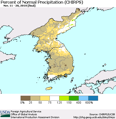 Korea Percent of Normal Precipitation (CHIRPS) Thematic Map For 11/11/2018 - 11/20/2018