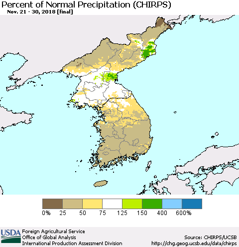 Korea Percent of Normal Precipitation (CHIRPS) Thematic Map For 11/21/2018 - 11/30/2018