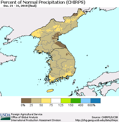 Korea Percent of Normal Precipitation (CHIRPS) Thematic Map For 12/21/2018 - 12/31/2018