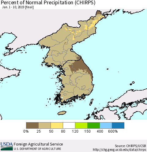 Korea Percent of Normal Precipitation (CHIRPS) Thematic Map For 1/1/2019 - 1/10/2019