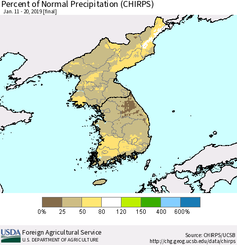 Korea Percent of Normal Precipitation (CHIRPS) Thematic Map For 1/11/2019 - 1/20/2019