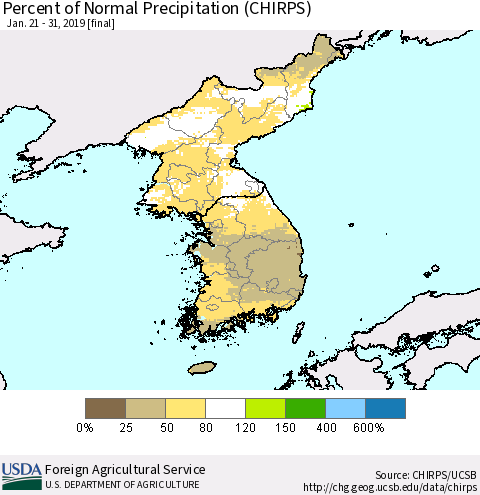 Korea Percent of Normal Precipitation (CHIRPS) Thematic Map For 1/21/2019 - 1/31/2019