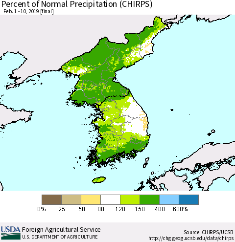 Korea Percent of Normal Precipitation (CHIRPS) Thematic Map For 2/1/2019 - 2/10/2019