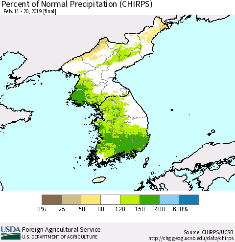 Korea Percent of Normal Precipitation (CHIRPS) Thematic Map For 2/11/2019 - 2/20/2019