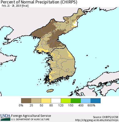 Korea Percent of Normal Precipitation (CHIRPS) Thematic Map For 2/21/2019 - 2/28/2019