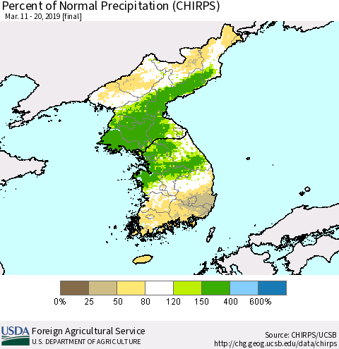Korea Percent of Normal Precipitation (CHIRPS) Thematic Map For 3/11/2019 - 3/20/2019