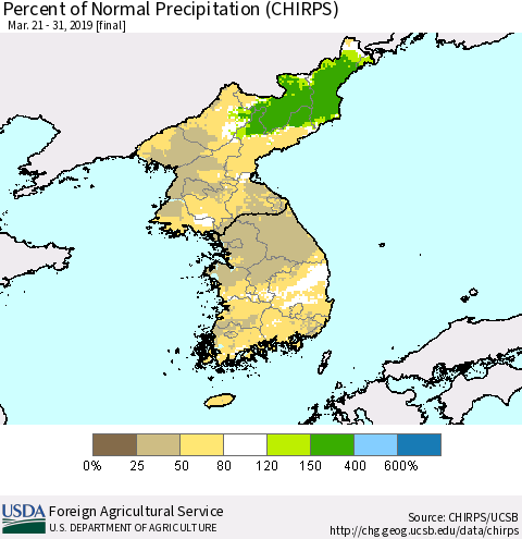 Korea Percent of Normal Precipitation (CHIRPS) Thematic Map For 3/21/2019 - 3/31/2019