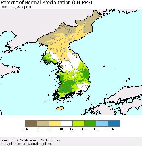 Korea Percent of Normal Precipitation (CHIRPS) Thematic Map For 4/1/2019 - 4/10/2019