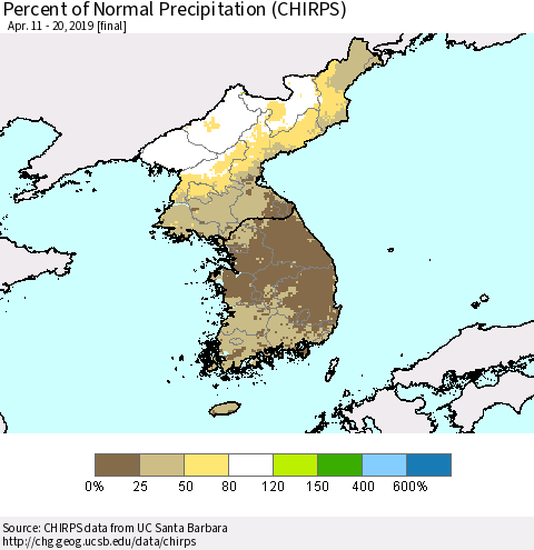 Korea Percent of Normal Precipitation (CHIRPS) Thematic Map For 4/11/2019 - 4/20/2019