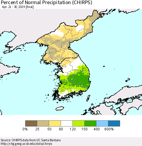 Korea Percent of Normal Precipitation (CHIRPS) Thematic Map For 4/21/2019 - 4/30/2019