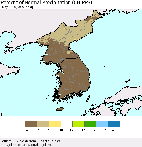 Korea Percent of Normal Precipitation (CHIRPS) Thematic Map For 5/1/2019 - 5/10/2019
