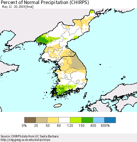 Korea Percent of Normal Precipitation (CHIRPS) Thematic Map For 5/11/2019 - 5/20/2019