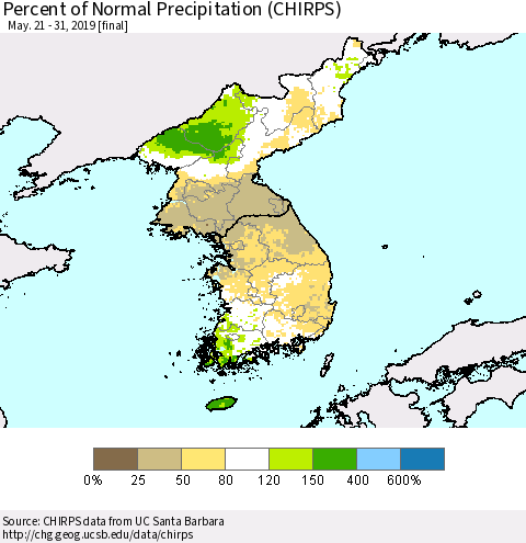 Korea Percent of Normal Precipitation (CHIRPS) Thematic Map For 5/21/2019 - 5/31/2019