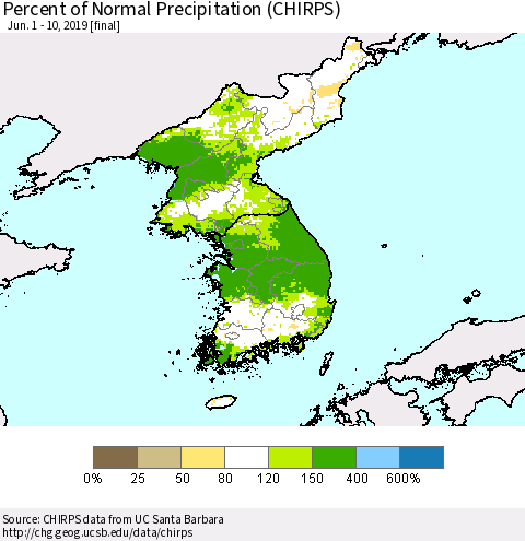 Korea Percent of Normal Precipitation (CHIRPS) Thematic Map For 6/1/2019 - 6/10/2019