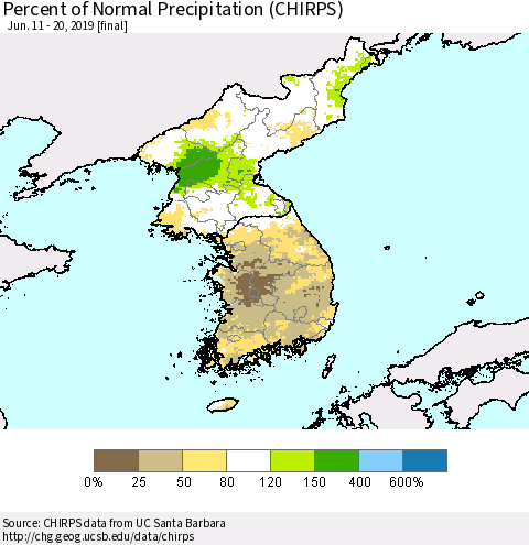 Korea Percent of Normal Precipitation (CHIRPS) Thematic Map For 6/11/2019 - 6/20/2019