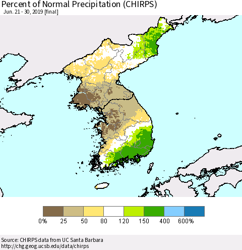 Korea Percent of Normal Precipitation (CHIRPS) Thematic Map For 6/21/2019 - 6/30/2019