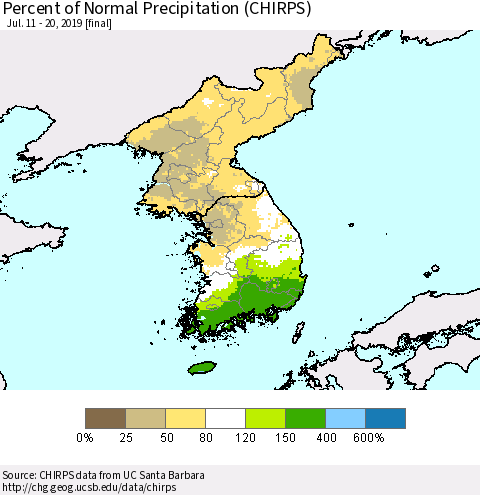 Korea Percent of Normal Precipitation (CHIRPS) Thematic Map For 7/11/2019 - 7/20/2019