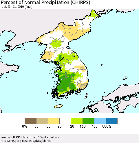 Korea Percent of Normal Precipitation (CHIRPS) Thematic Map For 7/21/2019 - 7/31/2019