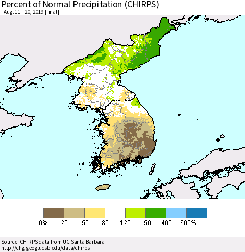 Korea Percent of Normal Precipitation (CHIRPS) Thematic Map For 8/11/2019 - 8/20/2019