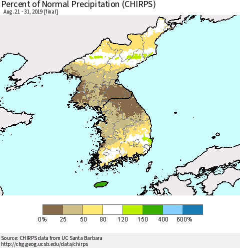 Korea Percent of Normal Precipitation (CHIRPS) Thematic Map For 8/21/2019 - 8/31/2019