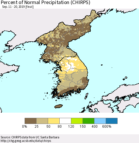Korea Percent of Normal Precipitation (CHIRPS) Thematic Map For 9/11/2019 - 9/20/2019
