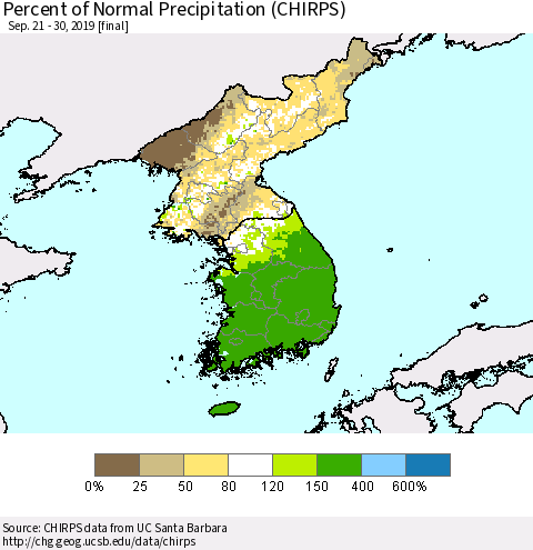 Korea Percent of Normal Precipitation (CHIRPS) Thematic Map For 9/21/2019 - 9/30/2019