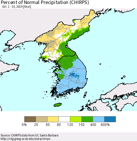 Korea Percent of Normal Precipitation (CHIRPS) Thematic Map For 10/1/2019 - 10/10/2019