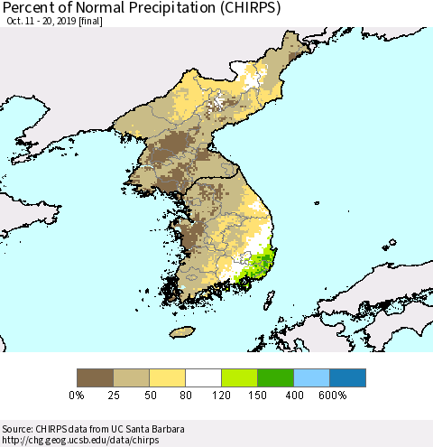 Korea Percent of Normal Precipitation (CHIRPS) Thematic Map For 10/11/2019 - 10/20/2019