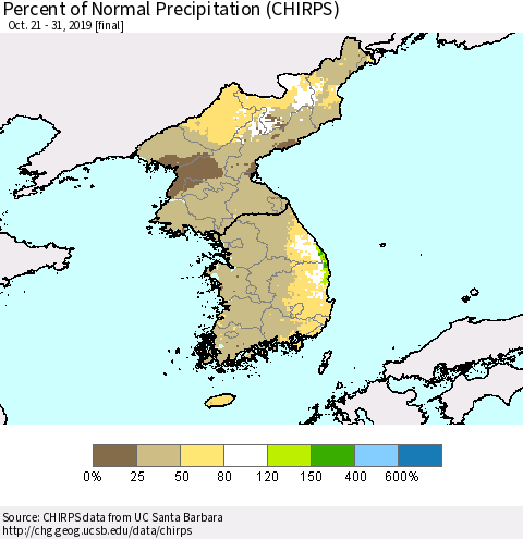 Korea Percent of Normal Precipitation (CHIRPS) Thematic Map For 10/21/2019 - 10/31/2019